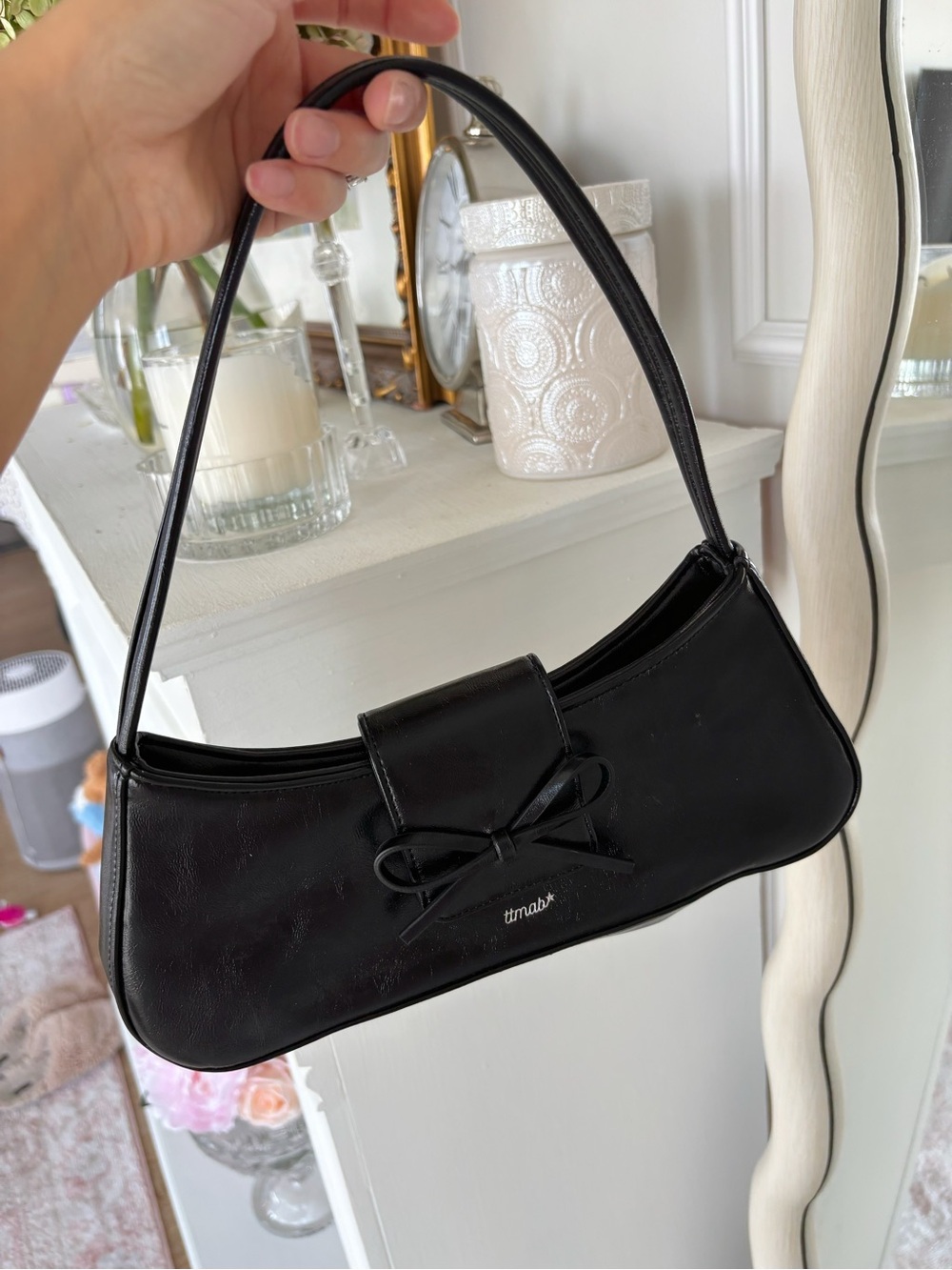 ttmab Black Bow Baguette Shoulder Bag Y2K 90s Minimalist Girly Purse Handbag
